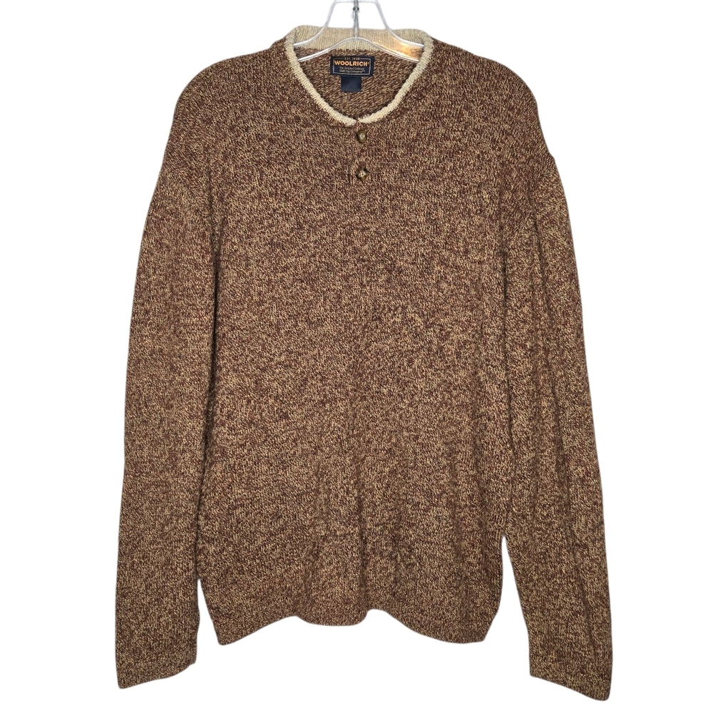 Woolrich Brown Long Sleeve Mustang Heather Wool Blend Henley Sweater Men's Large - Picture 1 of 11